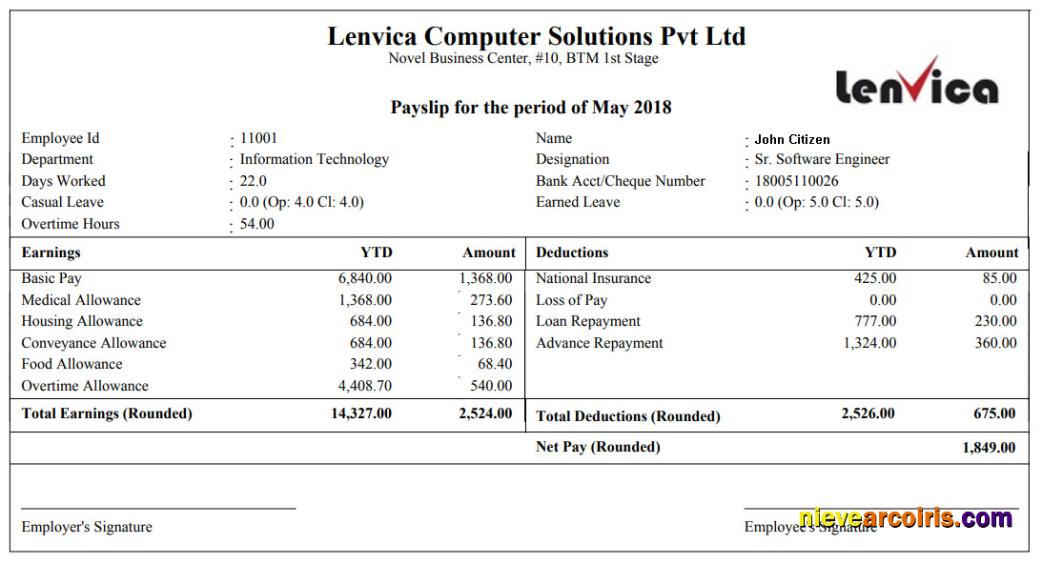 LENVICA computer solutions Pvt Ltd payslip